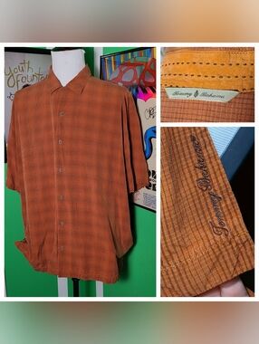 Tommy Bahama Men’s XXL 100% Silk Button Up Shirt Orange Rust Short Sleeve
